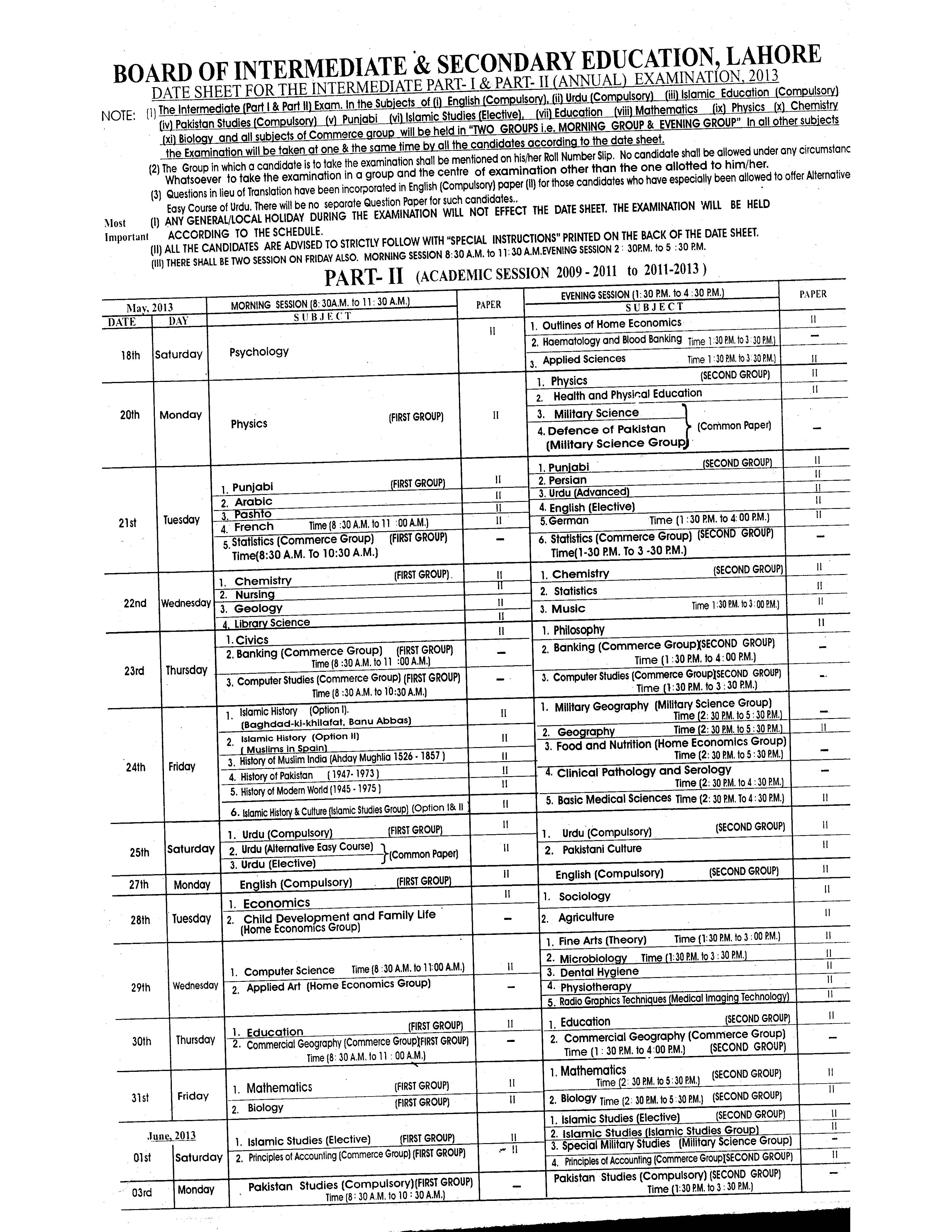 BISE Lahore announced Inter examination date sheet 2016